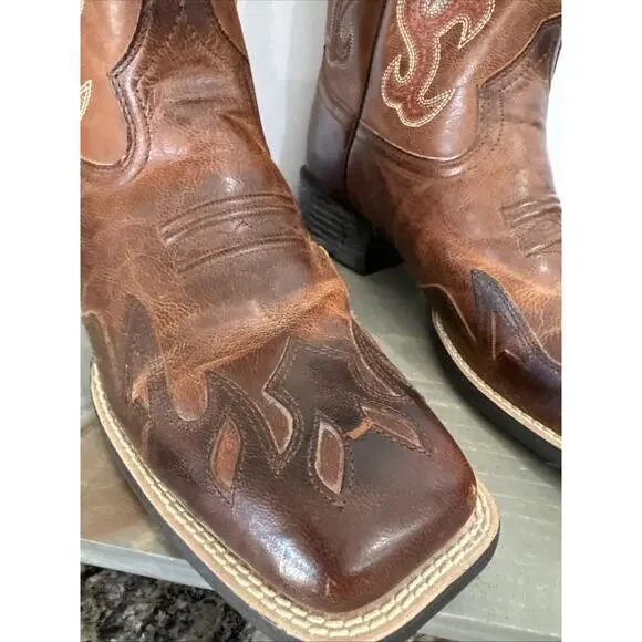 Ariat 10010937 Brown Leather Square Toe Cowboy Boots ATS . Men's Size 9 C EUC